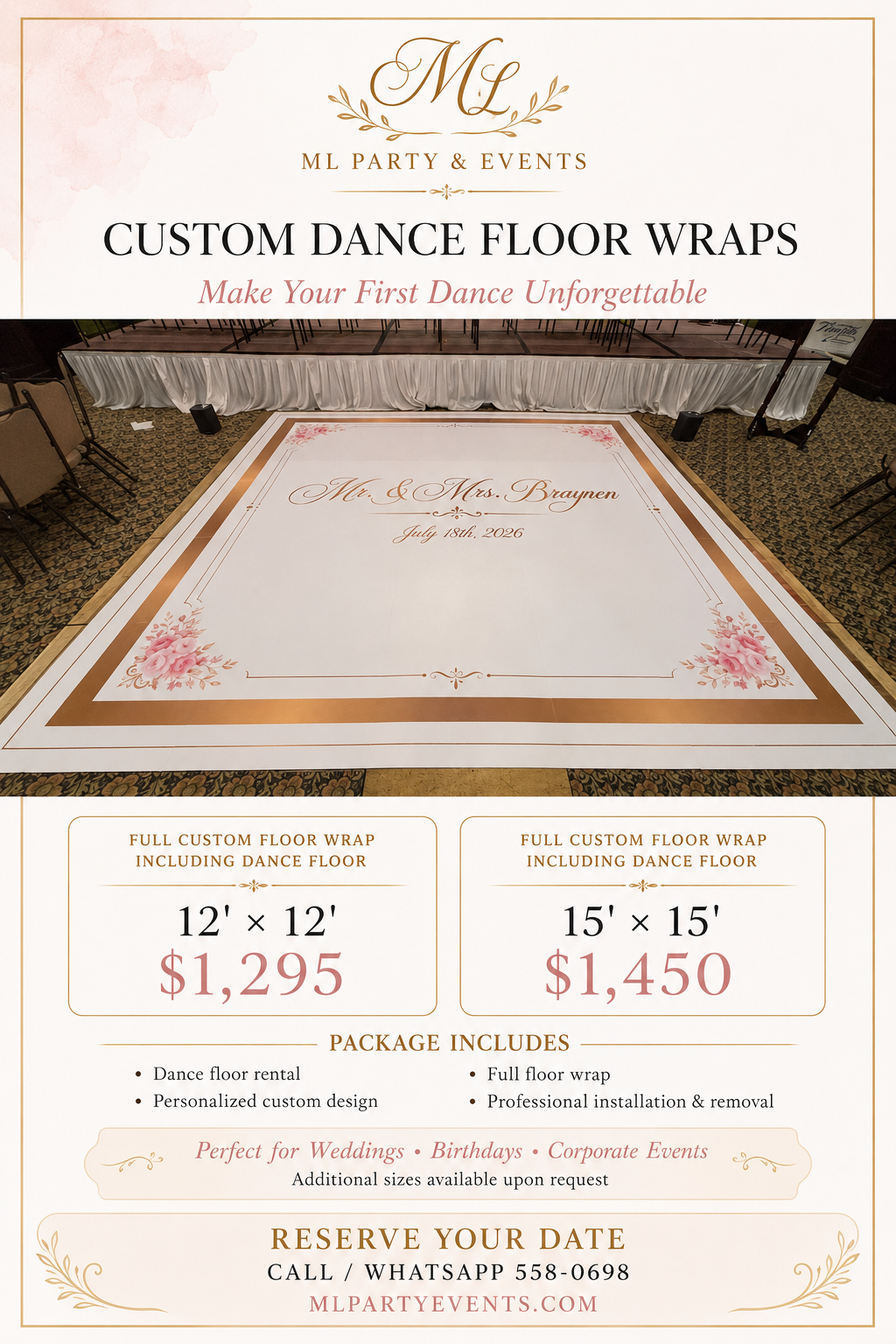 Custom wedding dance floor wrap with monogram and floral border — 12x12 $1,295