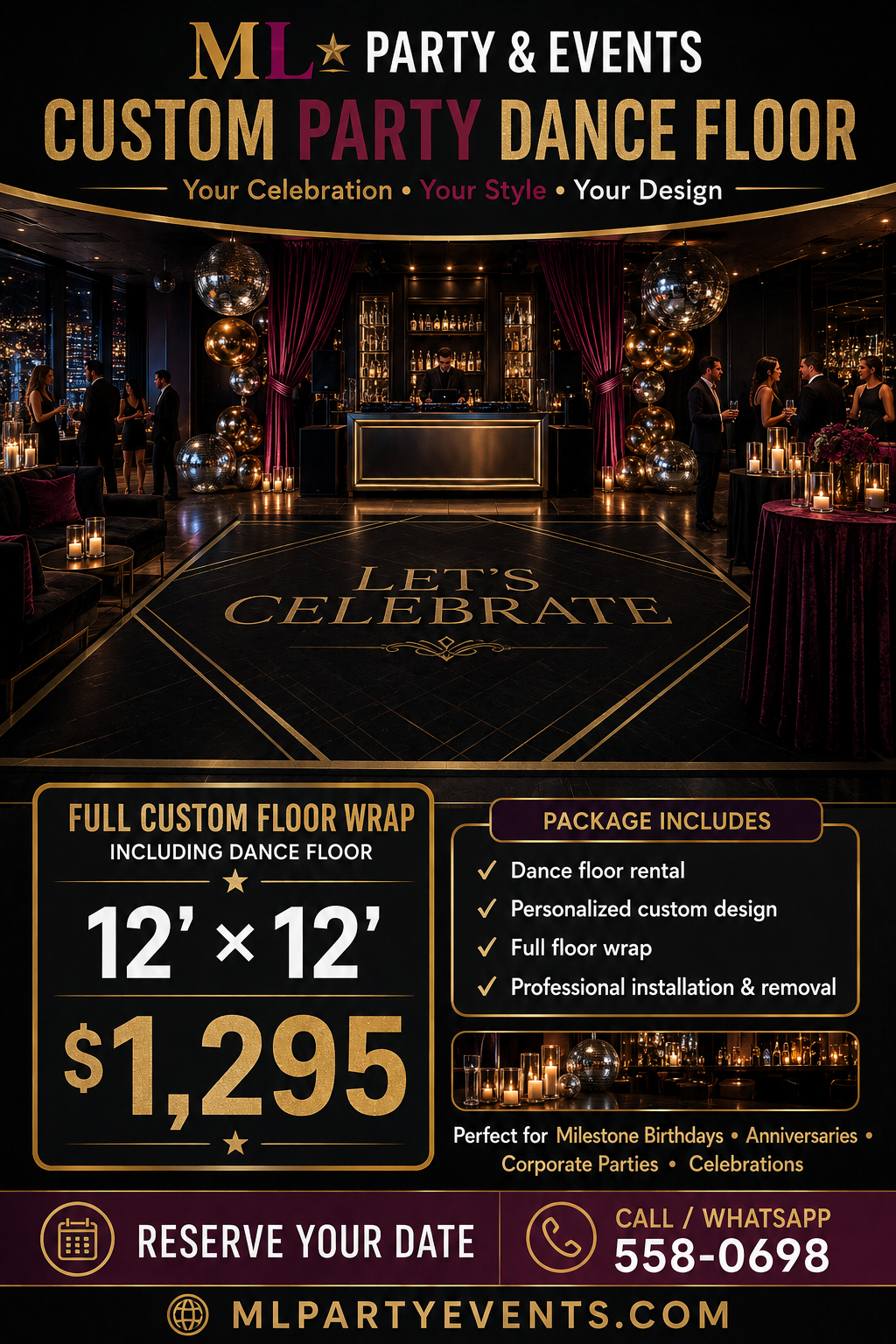 Custom party dance floor wrap in black and gold — 12x12 $1,295