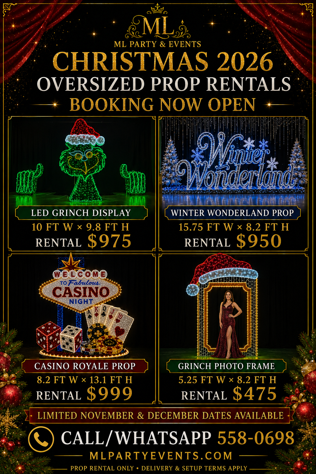 Christmas 2026 oversized prop rentals — LED Grinch Display $975, Winter Wonderland Prop $950, Casino Royale Prop $999, Grinch Photo Frame $475