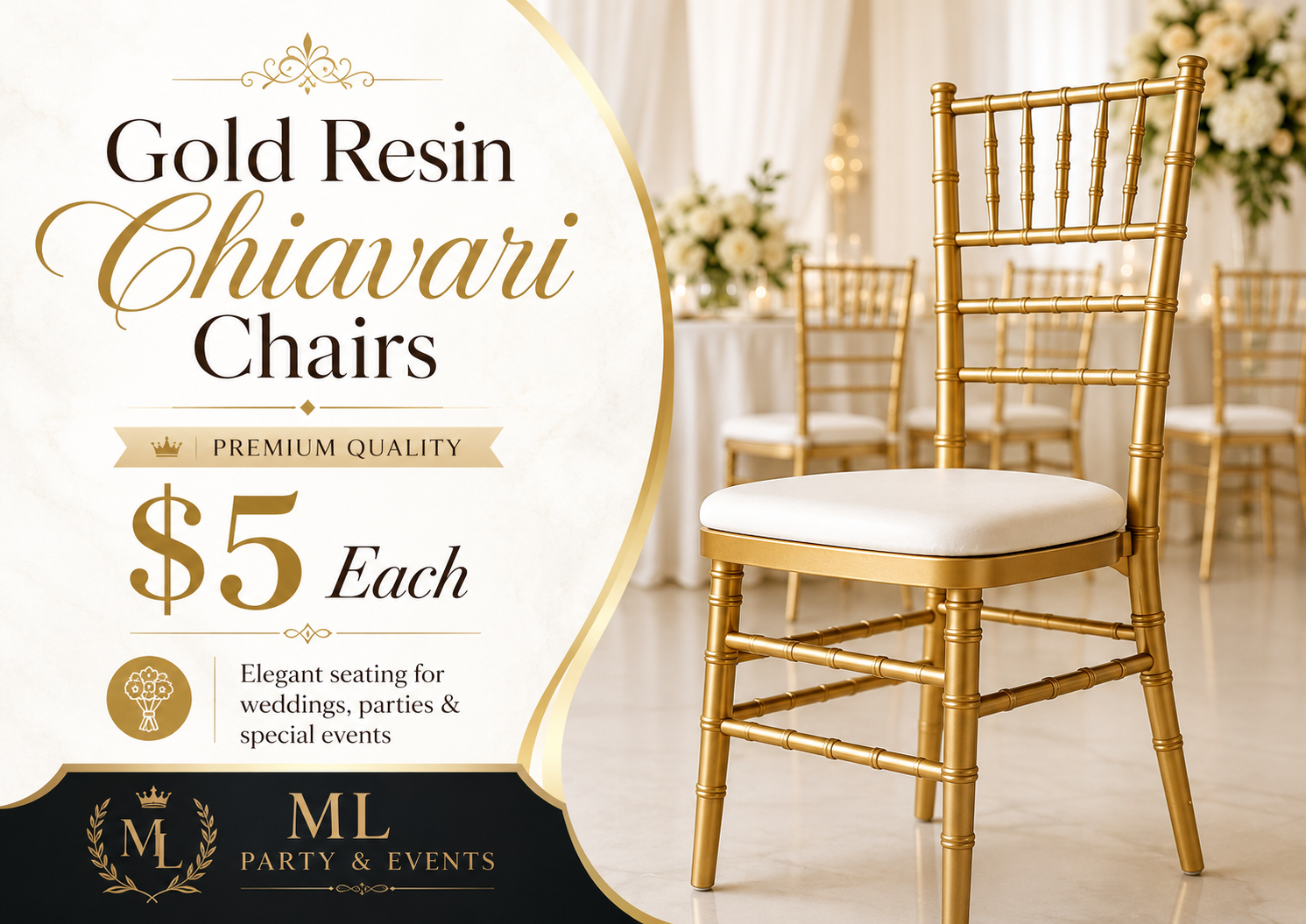 Gold Resin Chiavari Chairs — Premium quality elegant seating for weddings, parties and special events