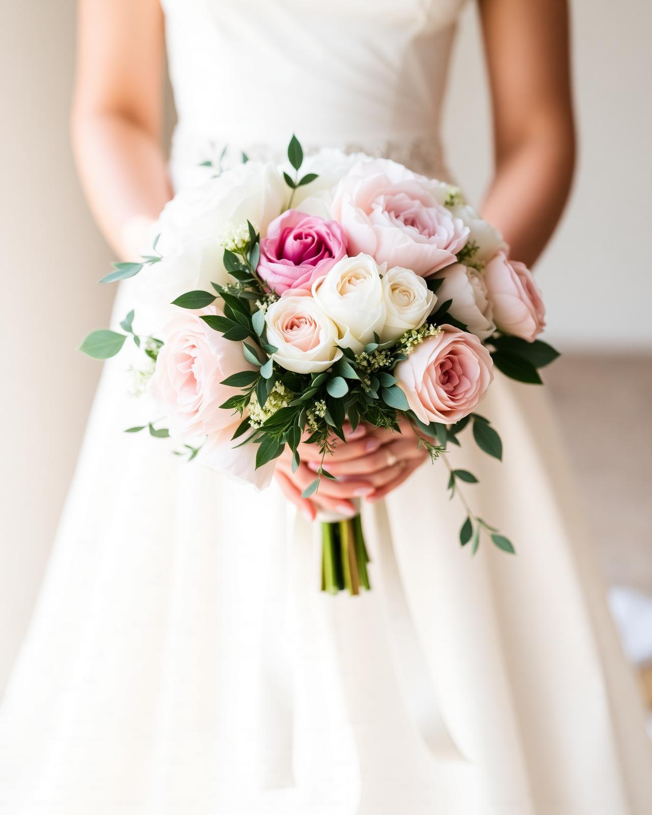 Bridal bouquet of burgundy roses, blush calla lilies and trailing eucalyptus