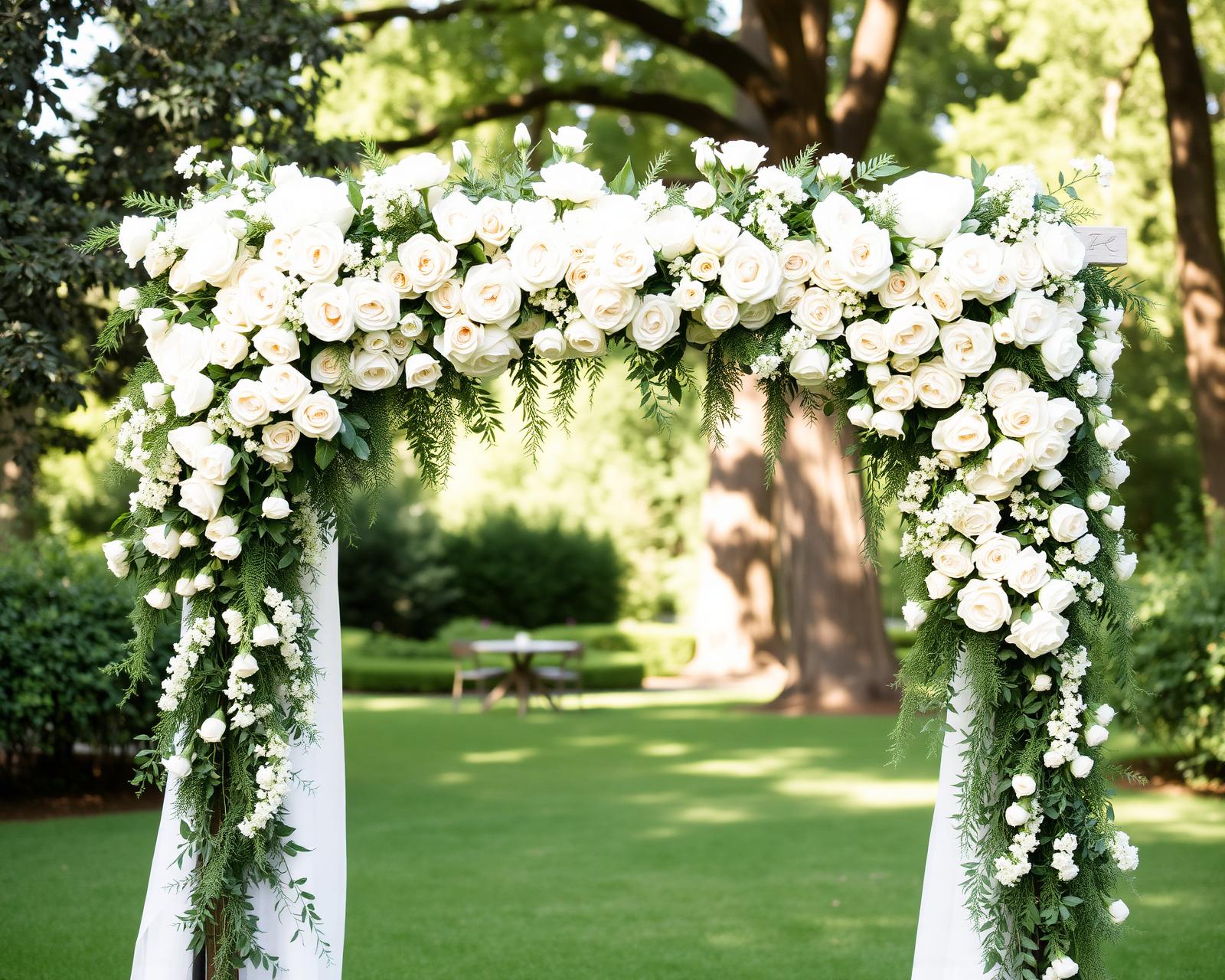 Lush floral ceremony arch with burgundy roses and dark greenery at dusk
