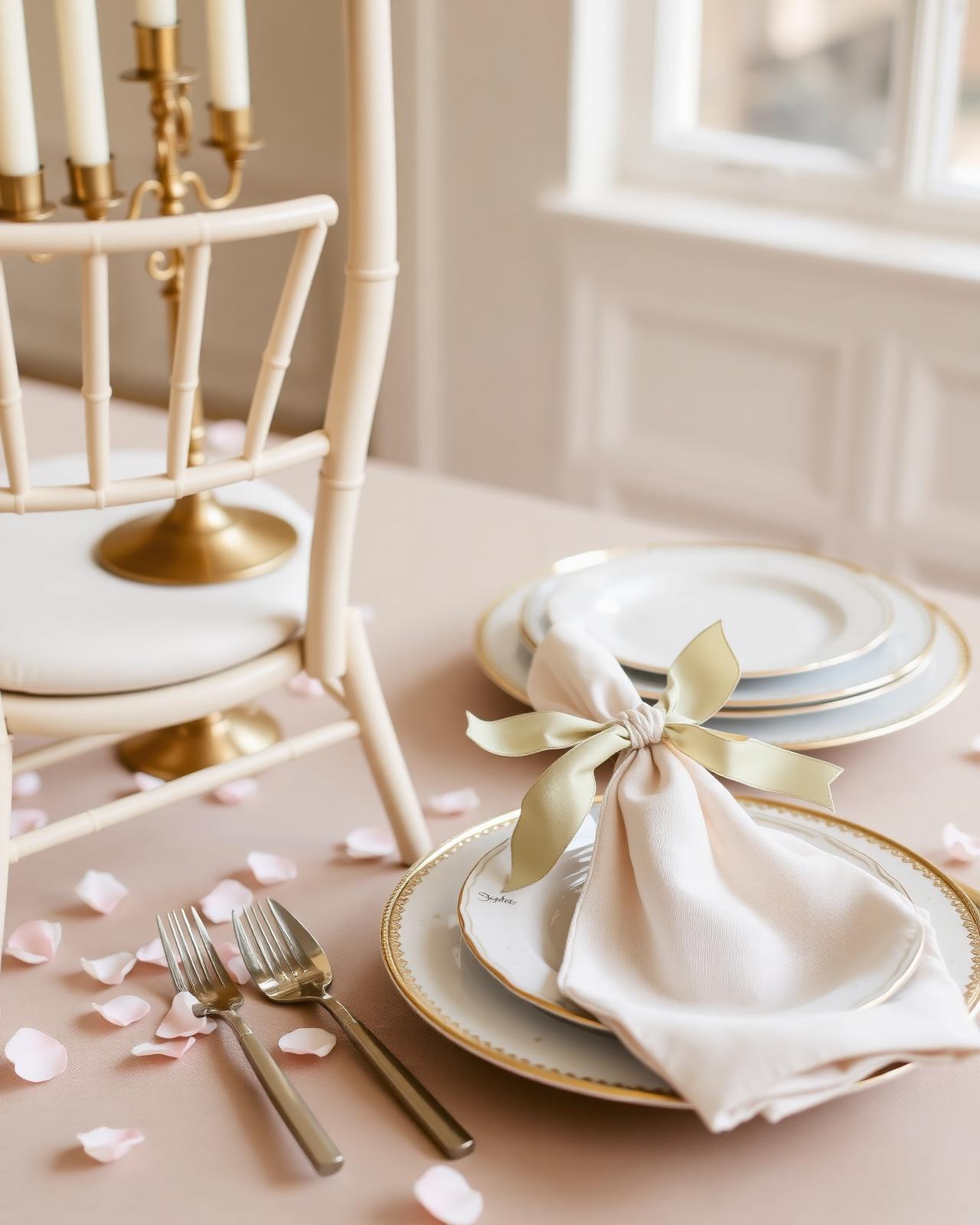 Gold chiavari chairs, ornate candelabras and crystal glassware in dark luxury setting