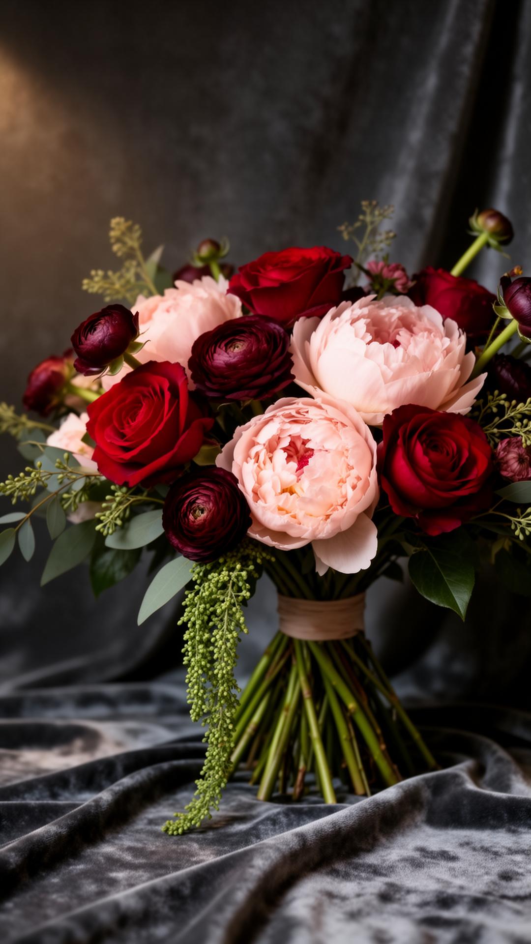 Moody dark floral arrangement with burgundy roses, blush peonies and dark dahlias in a black vase