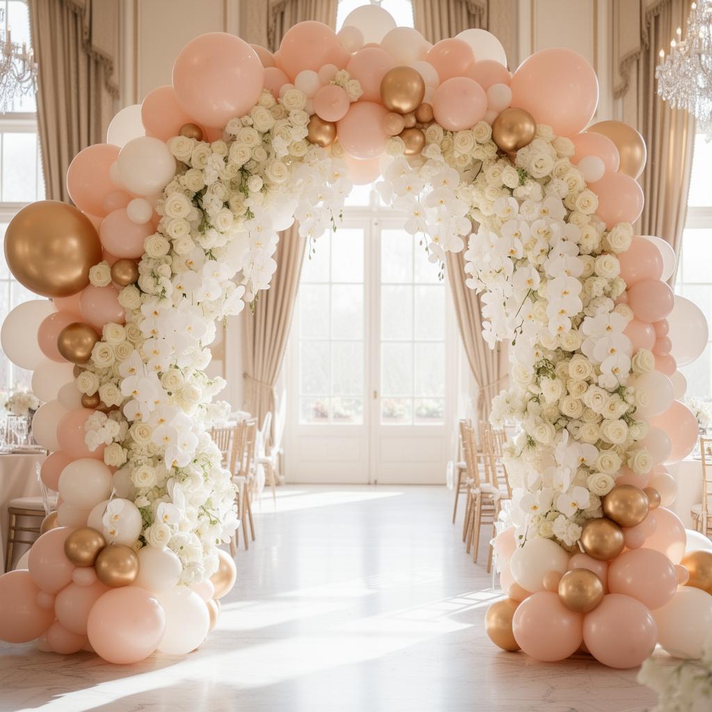 Blush, ivory, and gold balloon and floral arch installation for luxury events