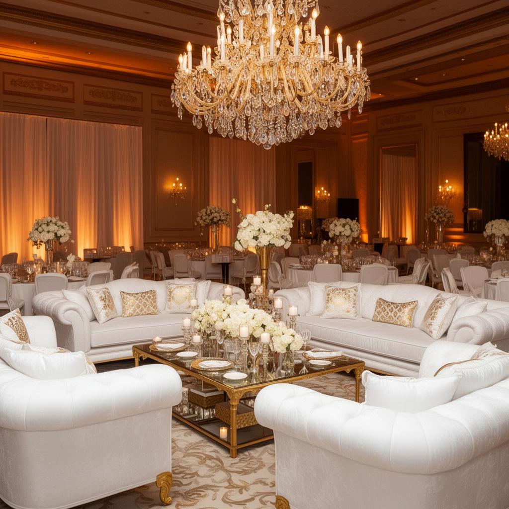 Elegant white and gold lounge furniture setup with crystal chandelier