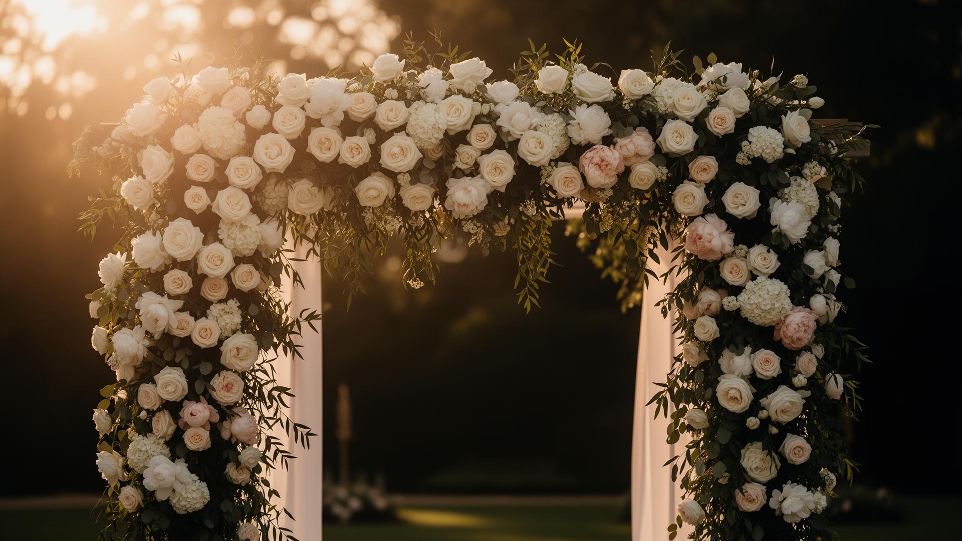 Cascading white rose and peony wedding arch in golden hour light