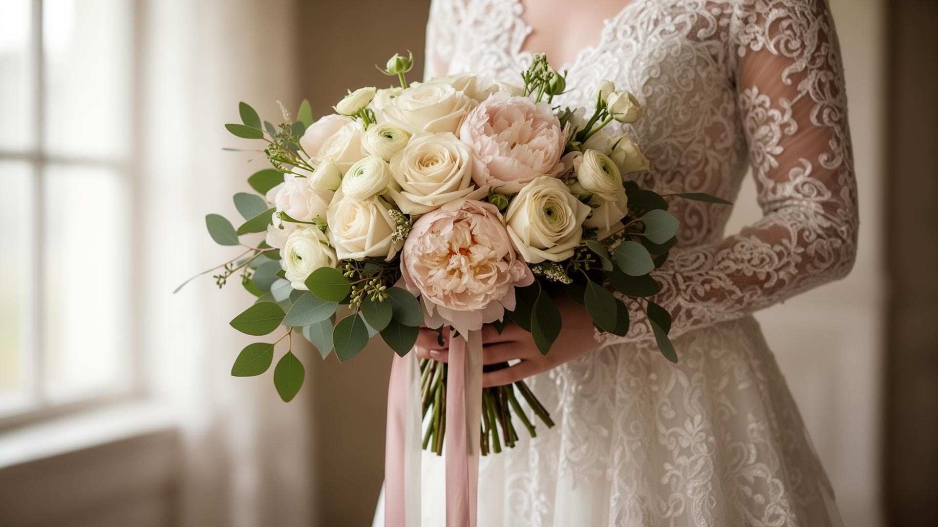 Bridal bouquet of garden roses, peonies and ranunculus