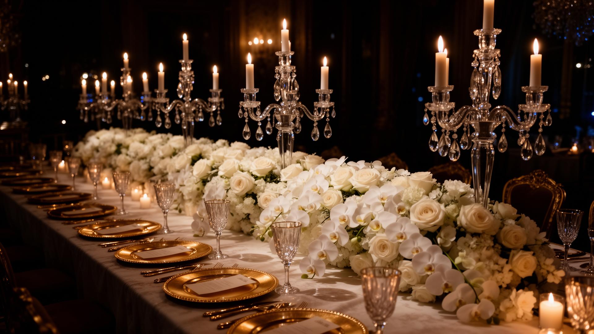 Opulent wedding reception with crystal candelabras and white floral runner