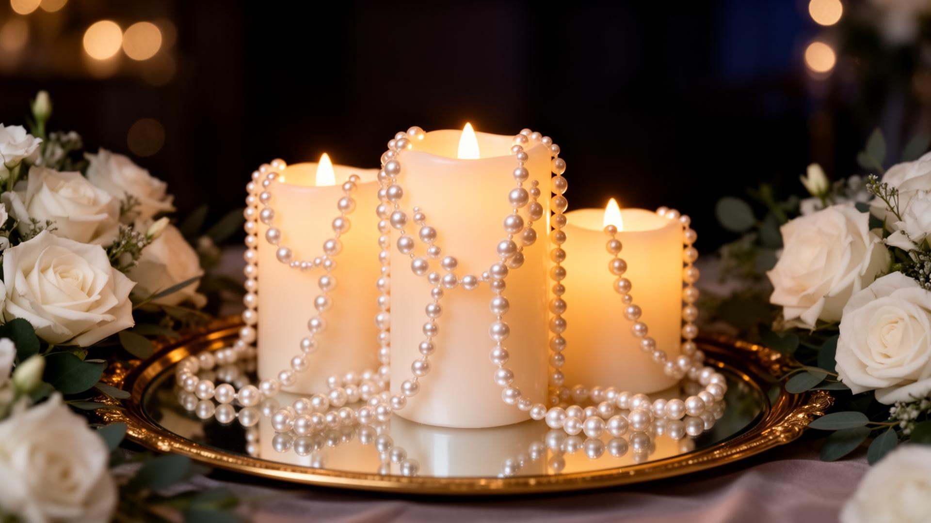 Cascading pearl-draped flameless candles on a gold mirrored tray with white roses